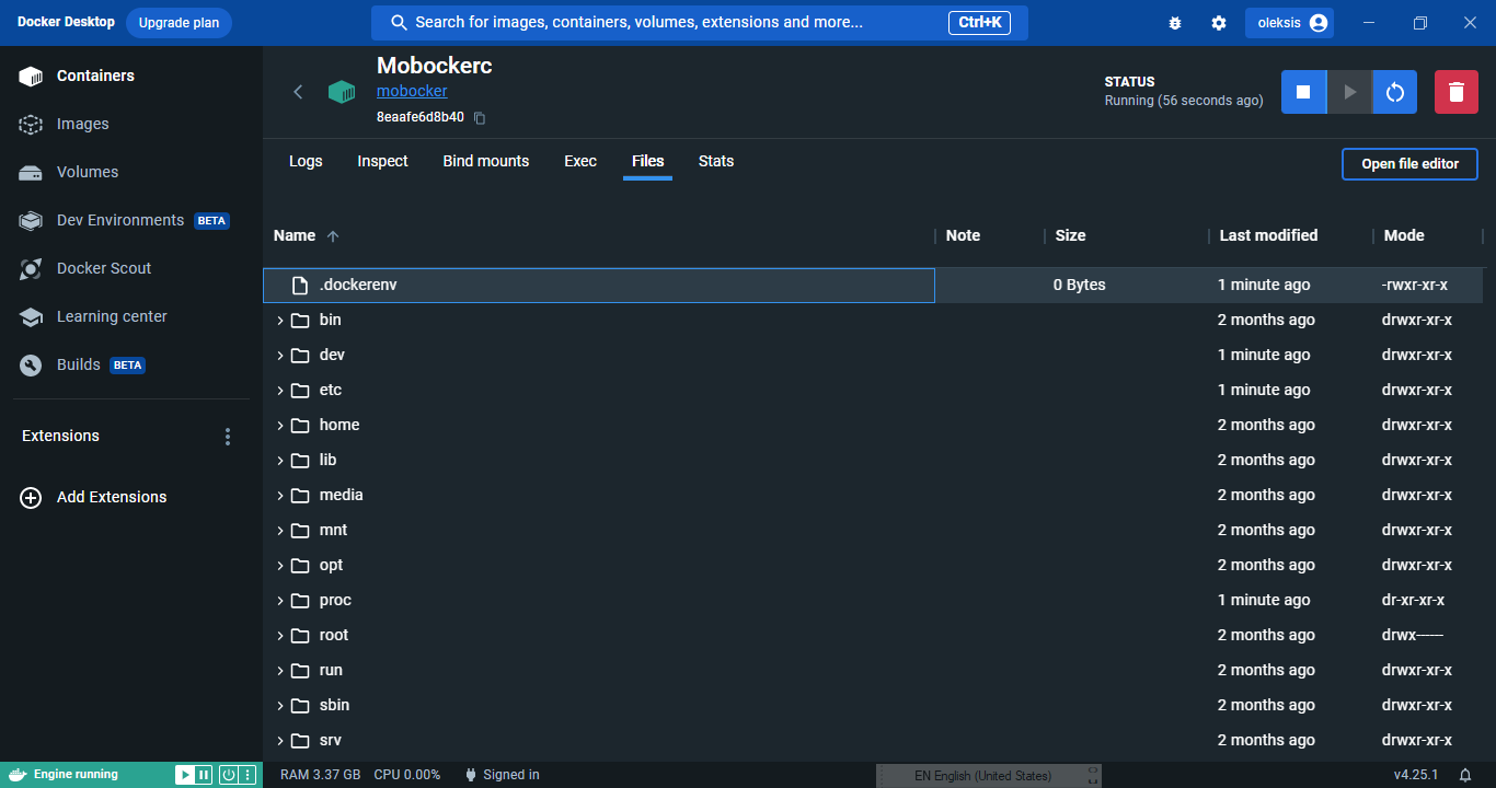 Mobockerc running on Docker Desktop