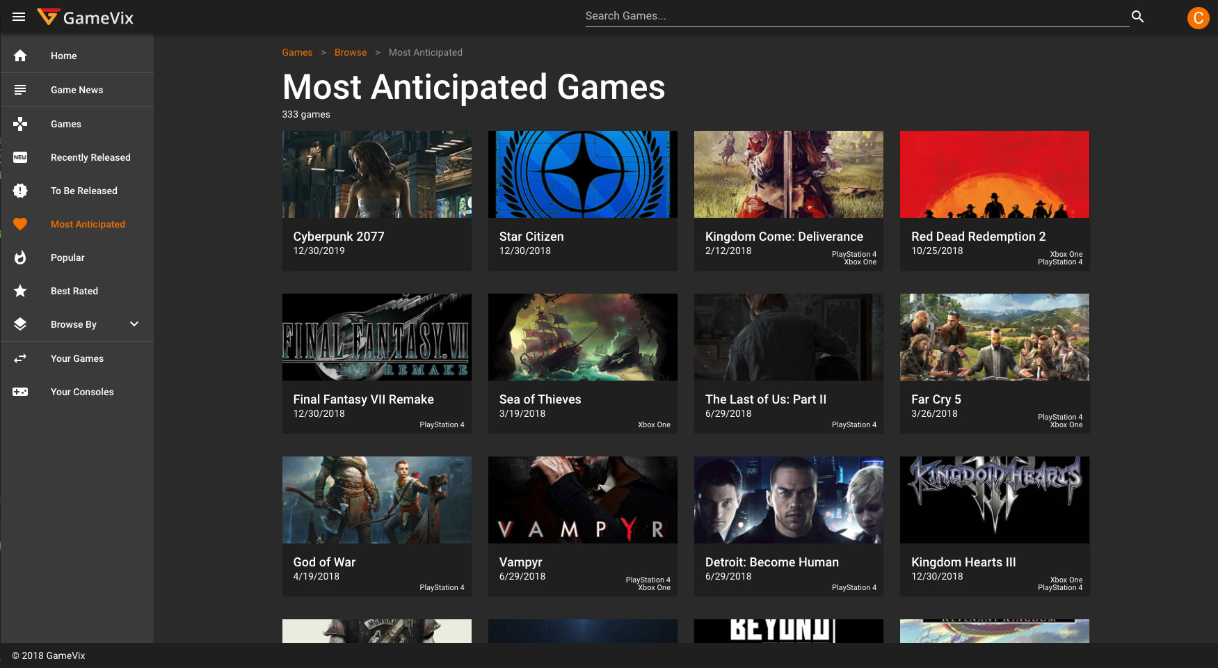 Screenshot of Most Anticipated Games Page