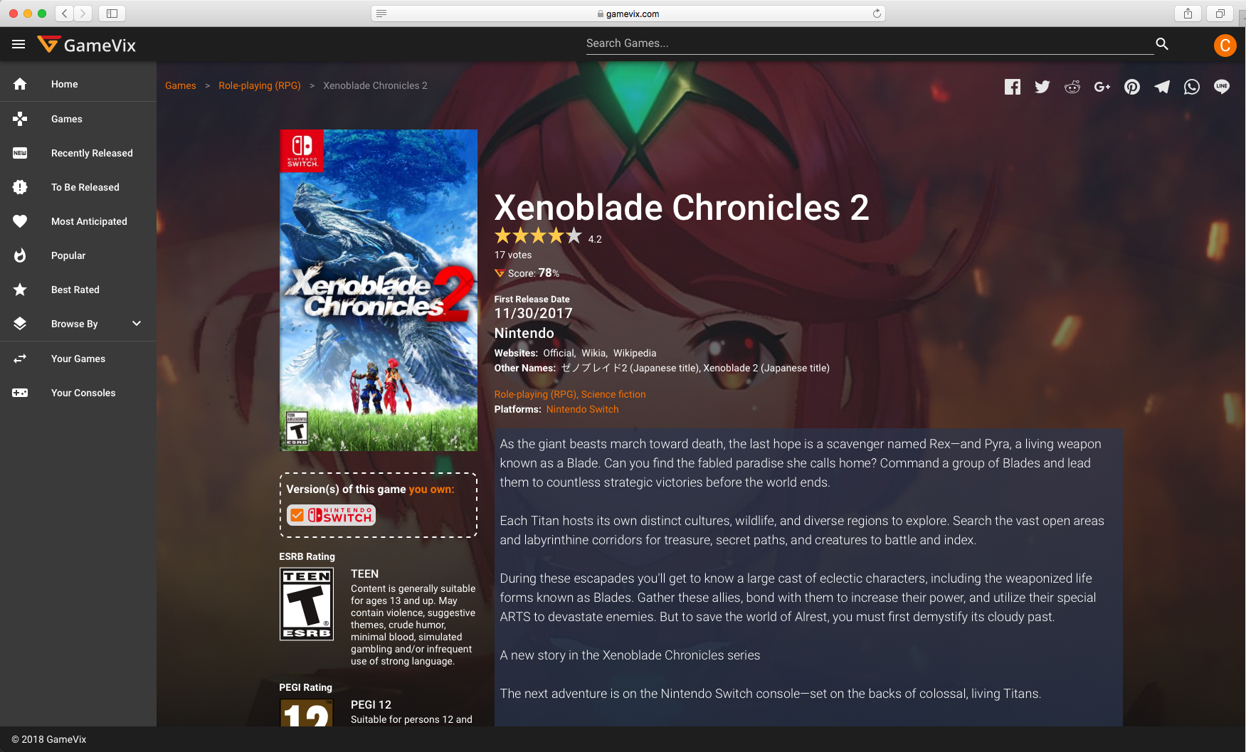 Screenshot of Game Detail Page - Xenoblade Chroniccles 2