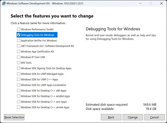 Check Debugging Tools for Windows on the SDK installer settings