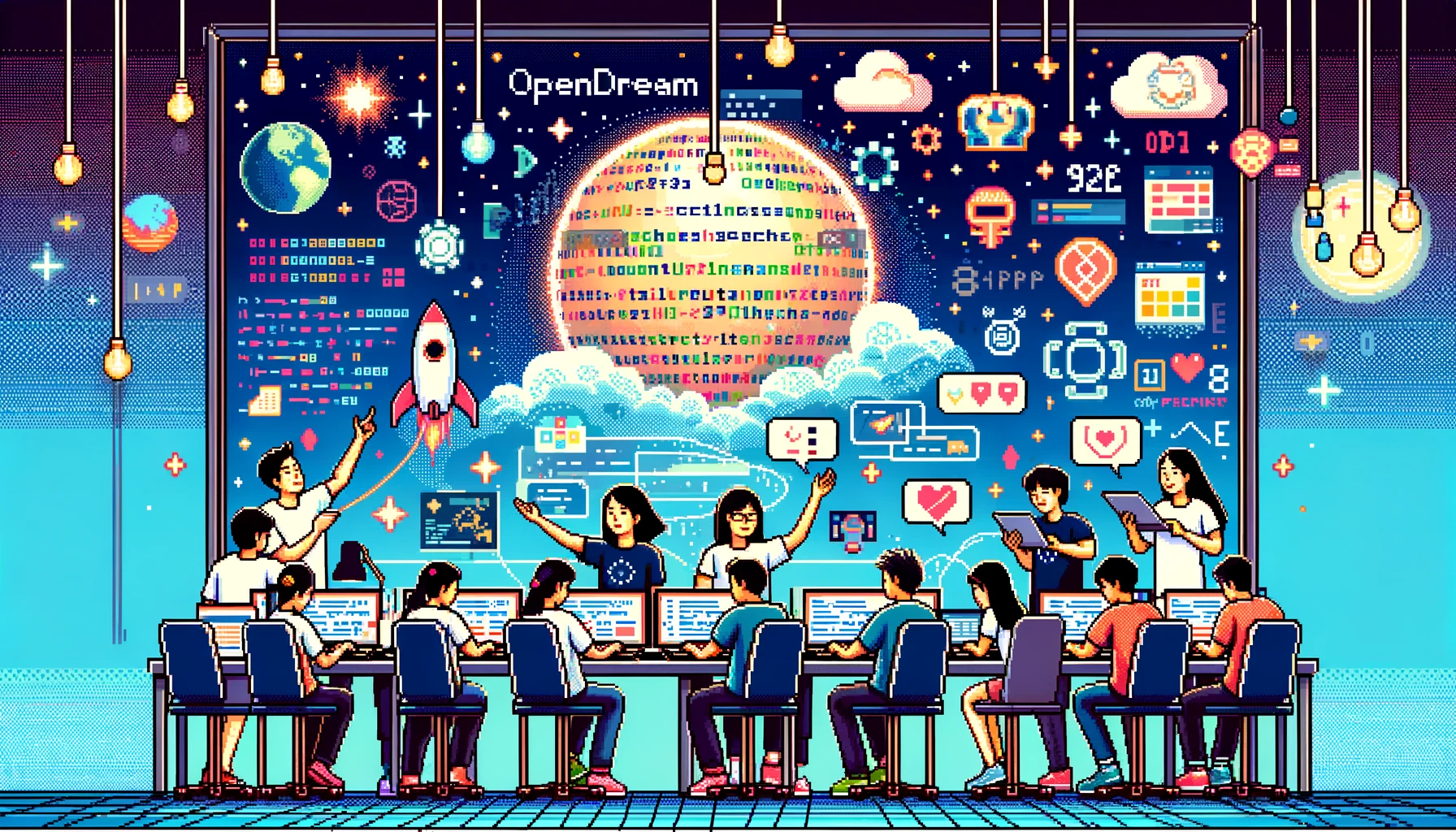 A 16:9 horizontal 8-bit graphic depicting Asian men and women software engineers working for Opendream. The scene shows them coding for social impact, with elements that reflect their work such as digital code patterns, social media icons, and community engagement symbols, all within an 8-bit design aesthetic. The background is inspired by space exploration, suggesting innovation and reaching new frontiers, with pixelated stars and planets. The engineers are portrayed in a way that shows diversity and dedication, as they collaborate on projects that drive social change, rendered in vibrant 8-bit graphics.
