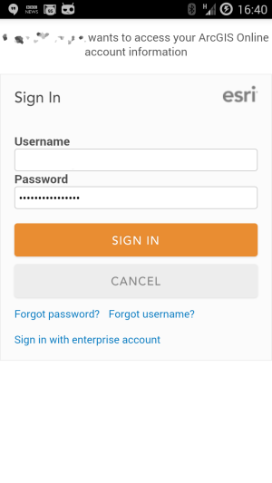 Standard ArcGIS Online login in screen