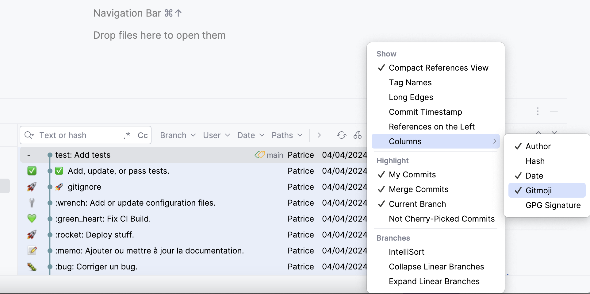 Display a gitmoji column