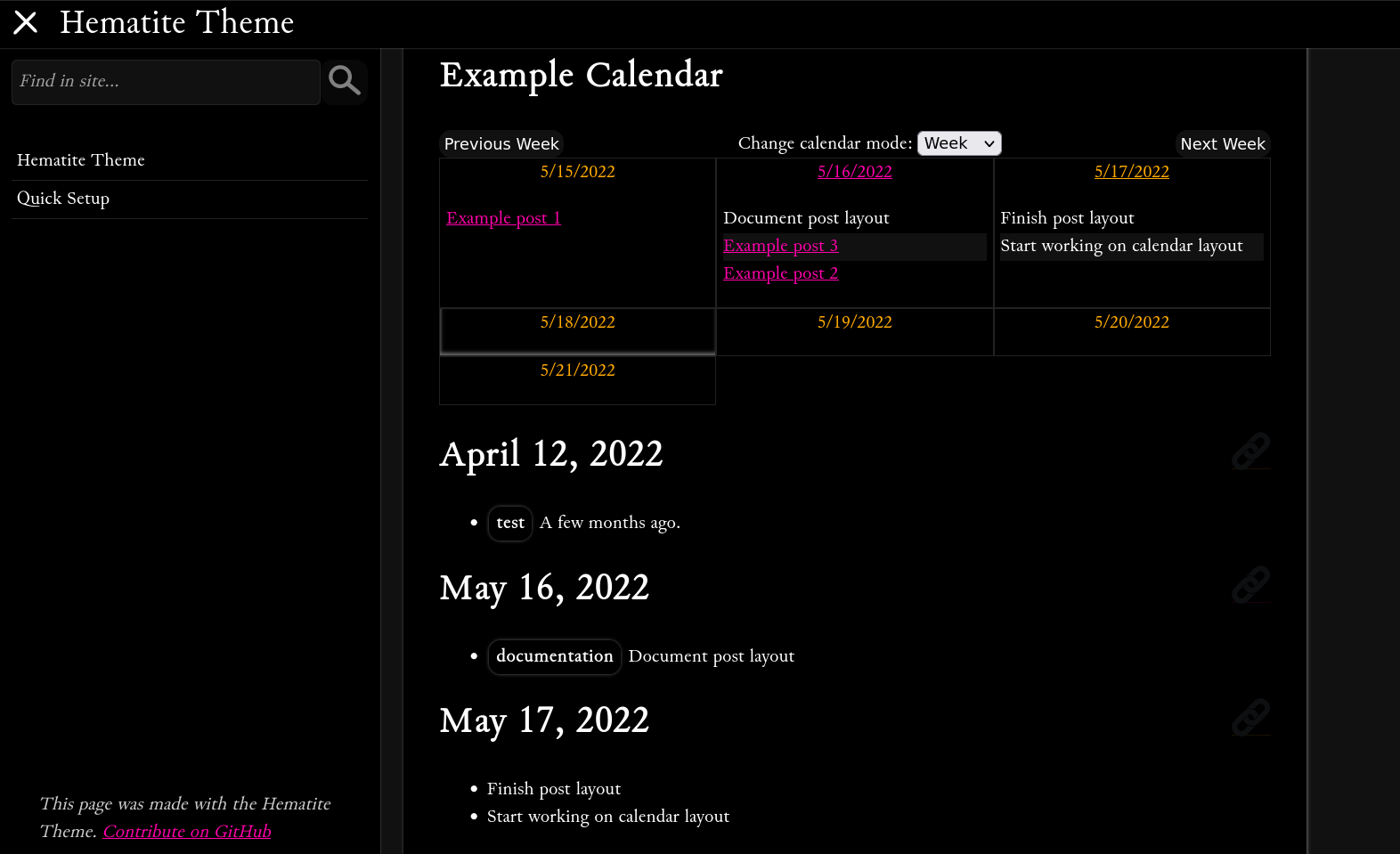The dark variant of the Hematite Theme, showing a calendar