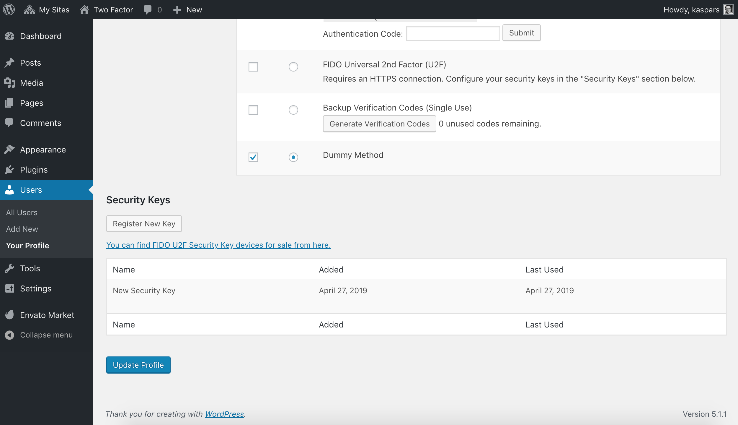 U2F Security Keys section under User Profile.