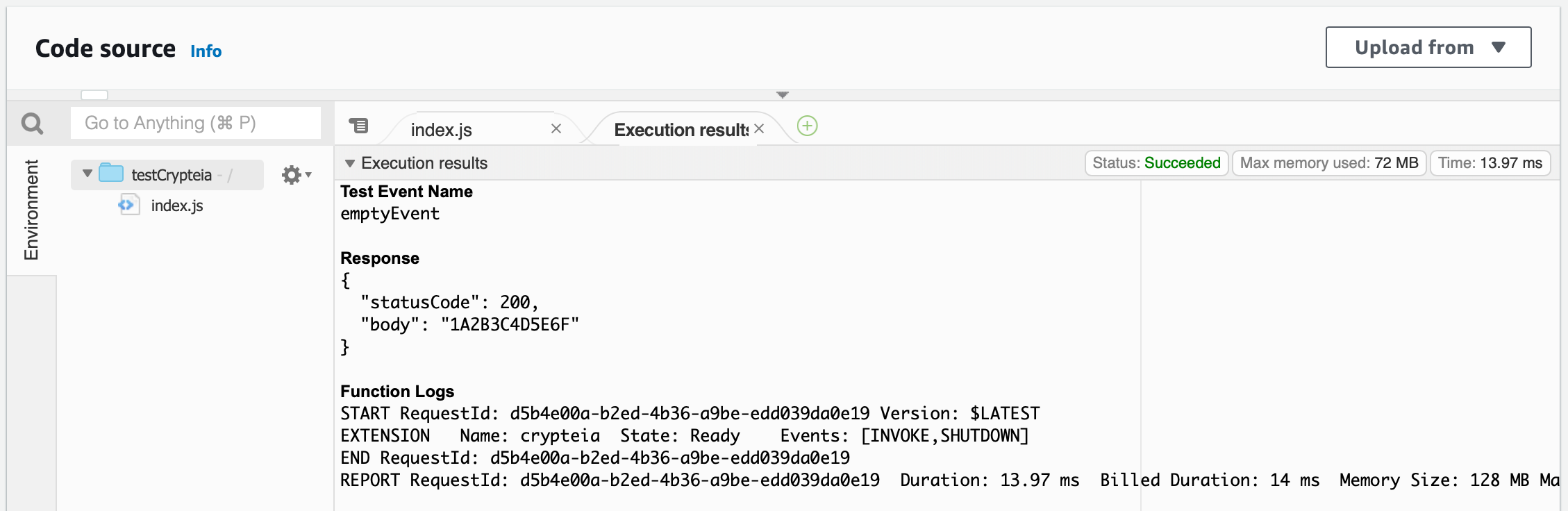 Screenshot of Code source in the AWS Lambda Console showing the body results of 1A2B3C4D5E6F which is resolved from SSM Parameter Store.