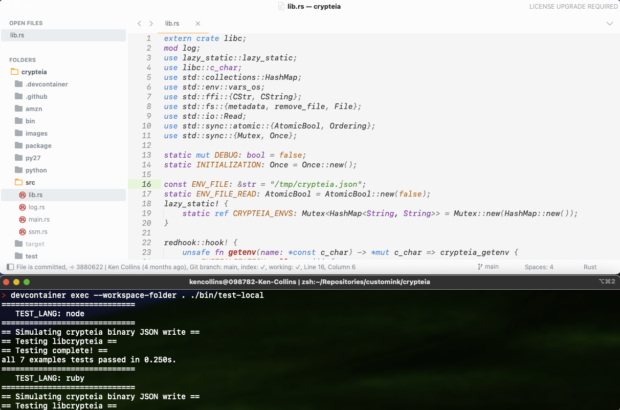 Showing Sublime Text on a Mac using the Dev Container CLI to run Crypteia tests.