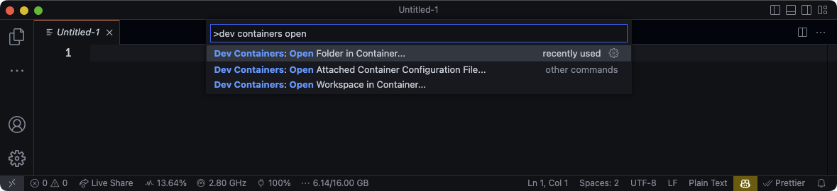 VS Code showing the "Dev Containers: Open Folder in Container..." command.
