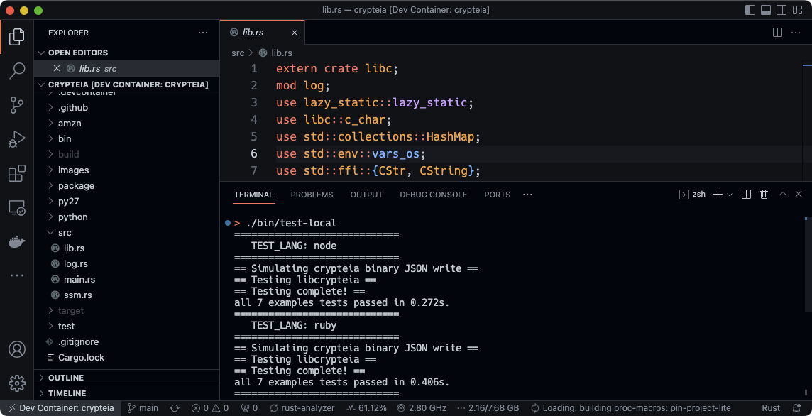 VS Code window with the Crypteia project open in a dev container. Shown too are the tests running.