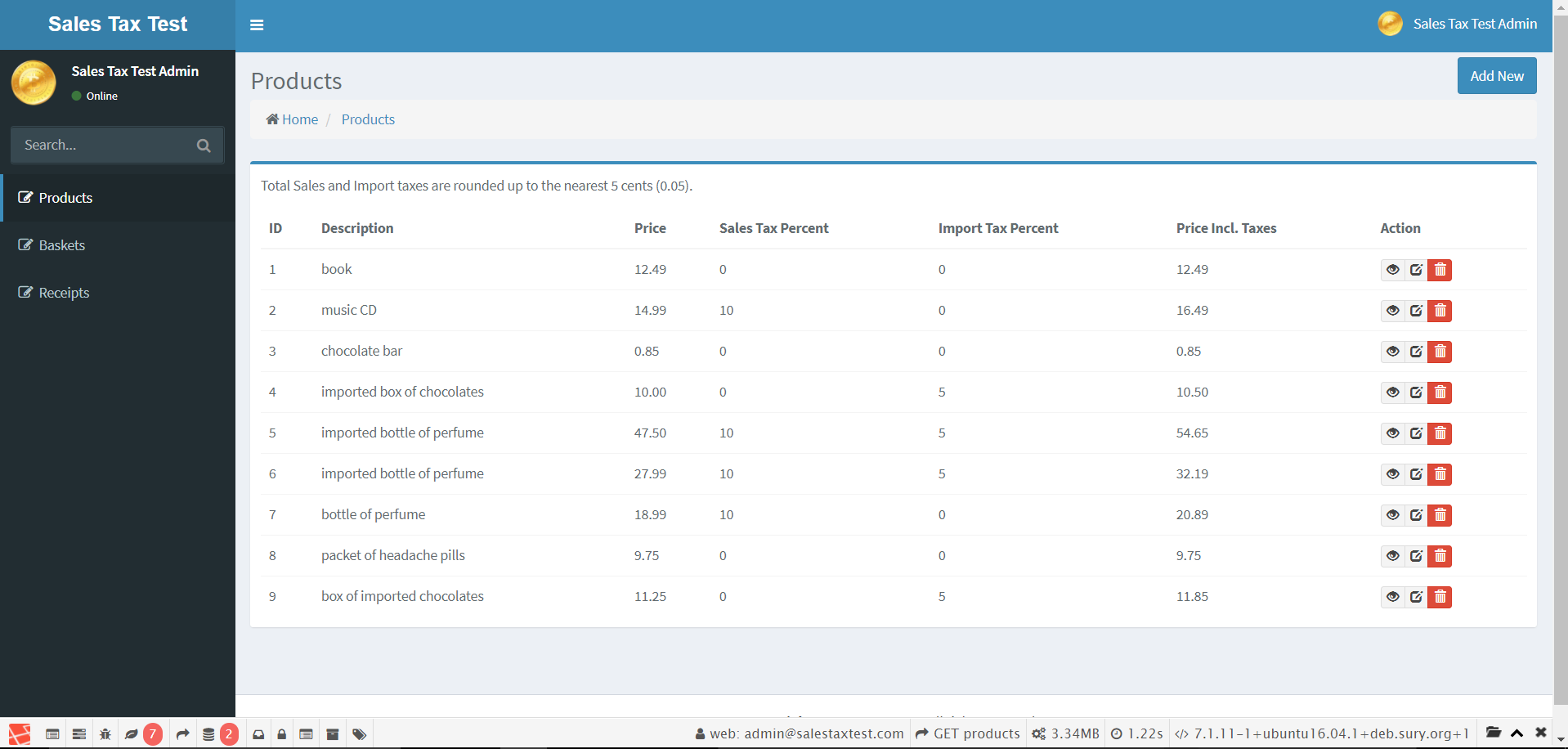View of products page as logged in user
