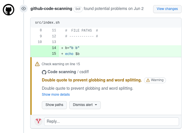 Example of @github-code-scanning bot review comment
