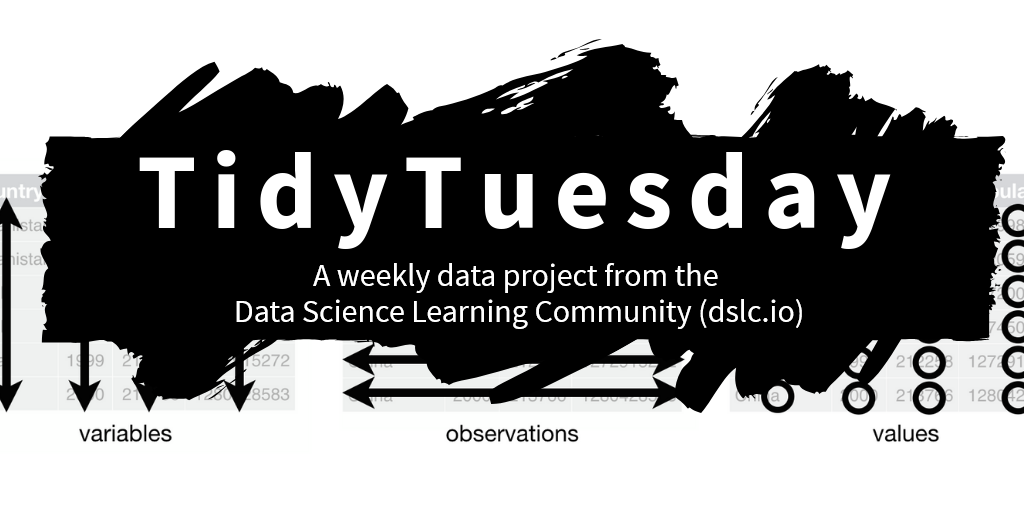 Logo for the TidyTuesday project, represented by the word TidyTuesday over a messy splash of black paint