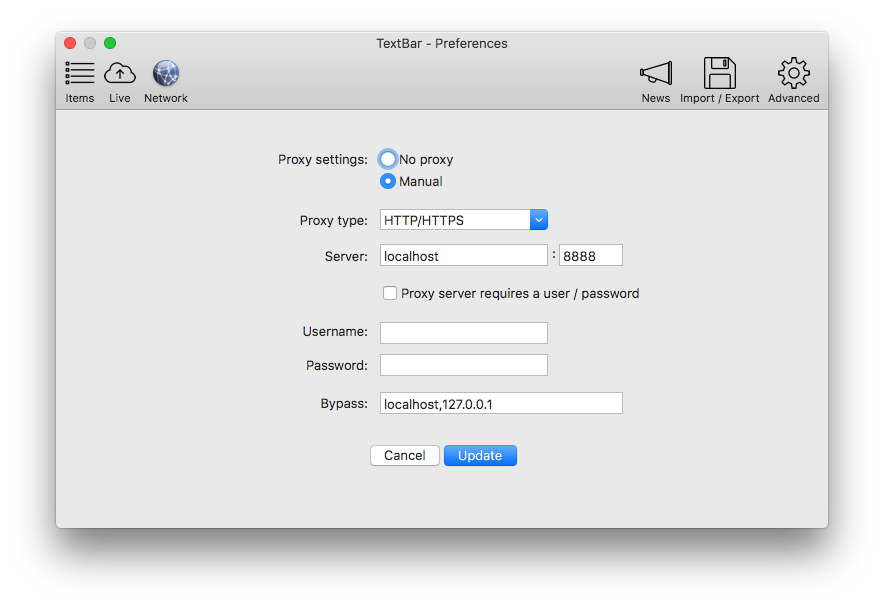 TextBar Proxy Settings