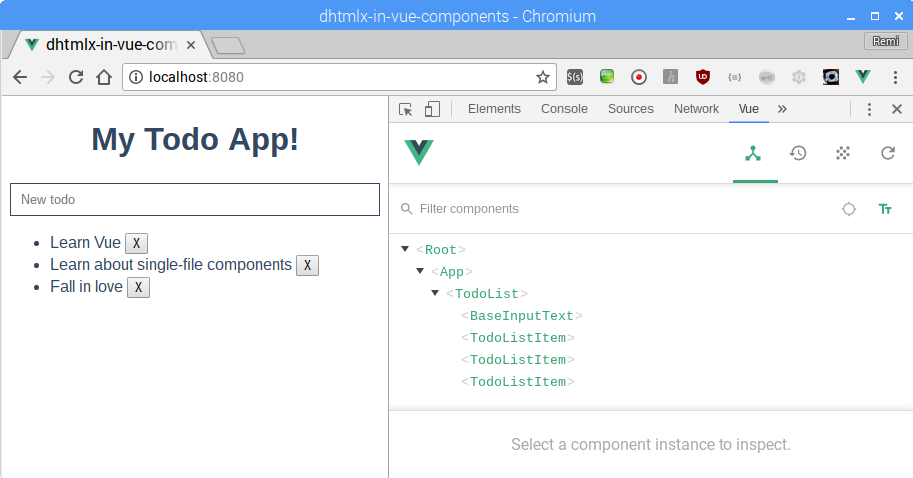 Screenshot of the working app, showing an input with 3 items. Also the Vue DevTools is showing the component structure