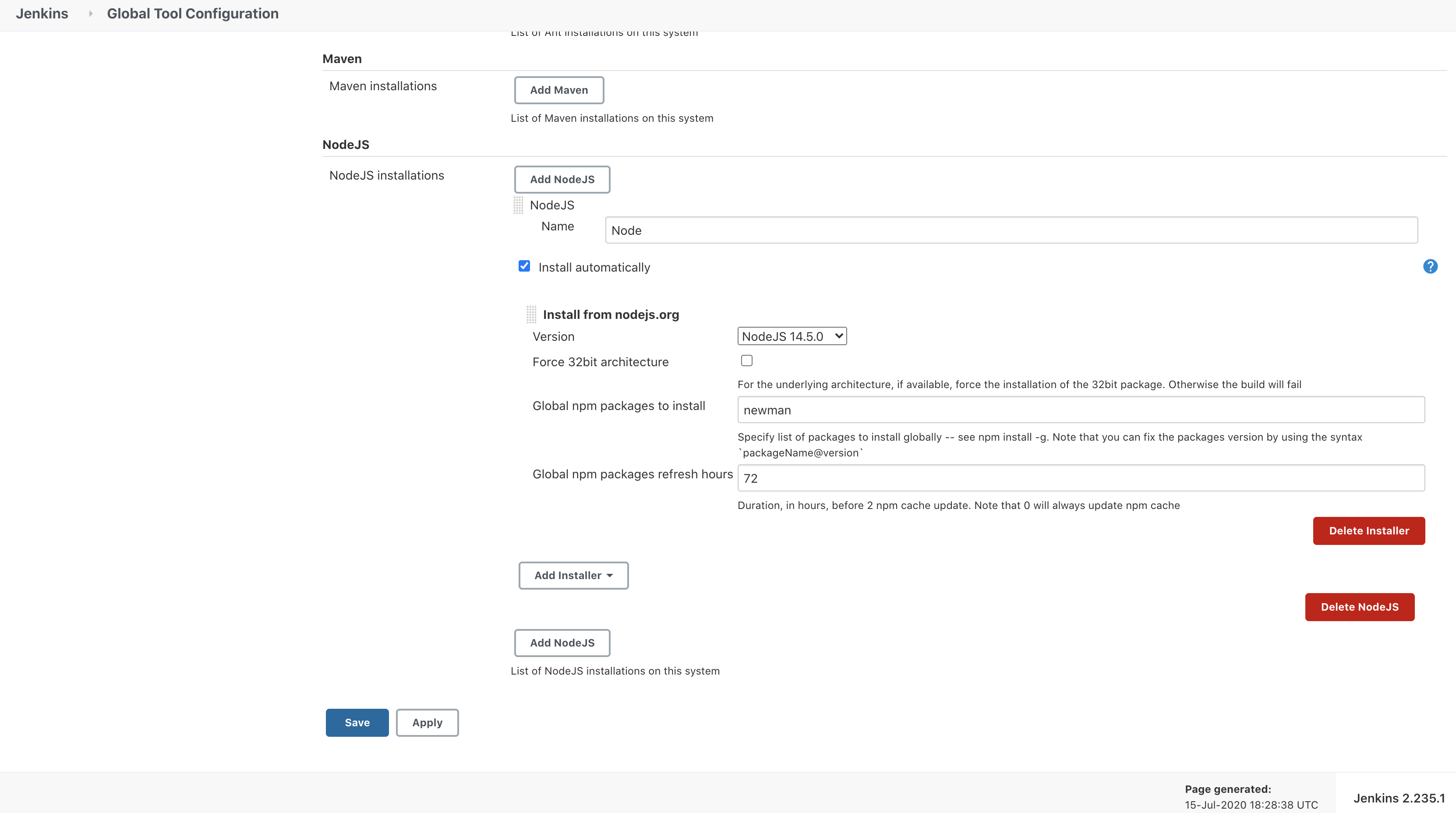 Jenkins nodejs and newman config