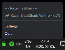 Screenshot of razer-taskbar battery icon and its menu showing its connected to a Razer headset.