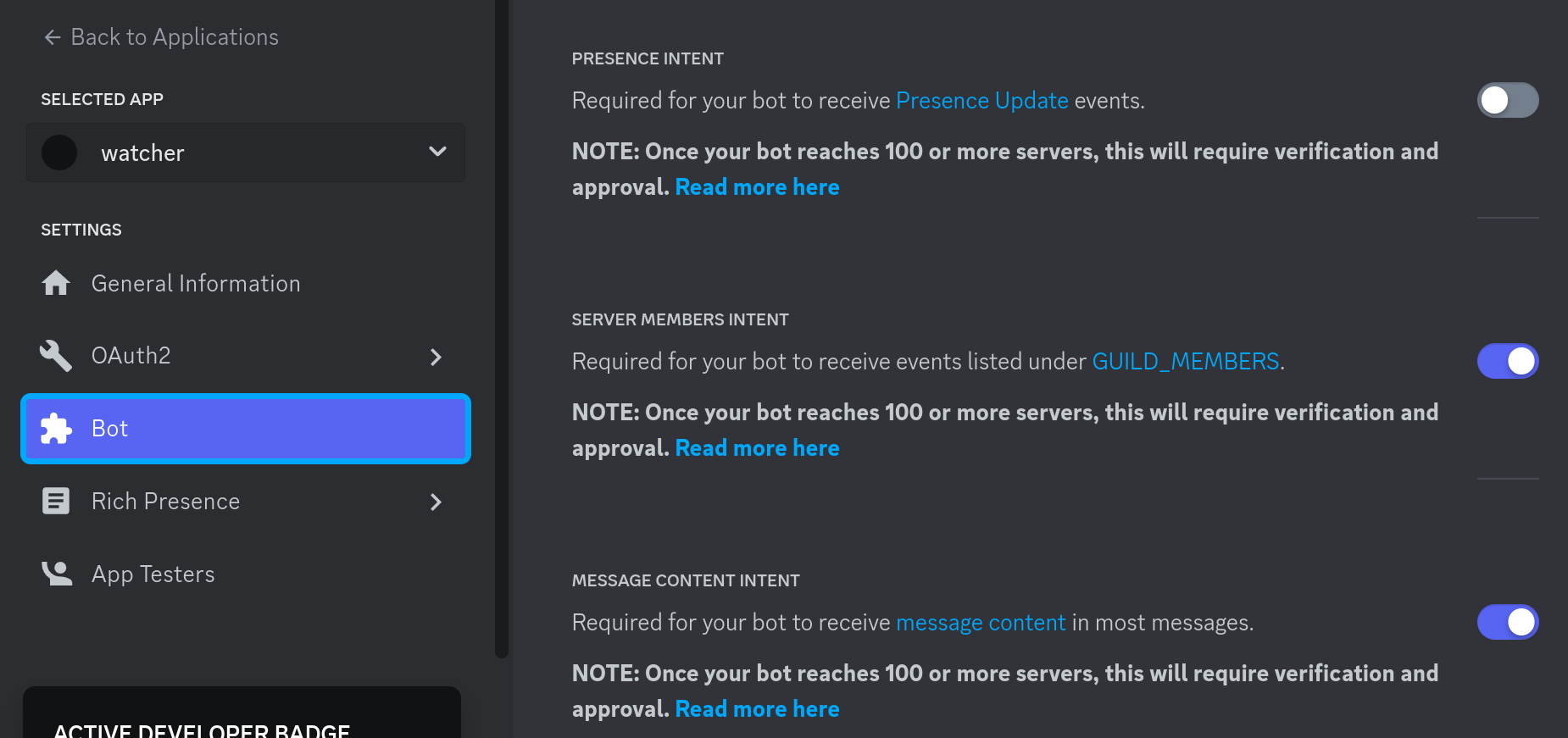 SERVER MEMBERS INTENT, MESSAGE CONTENT INTENT