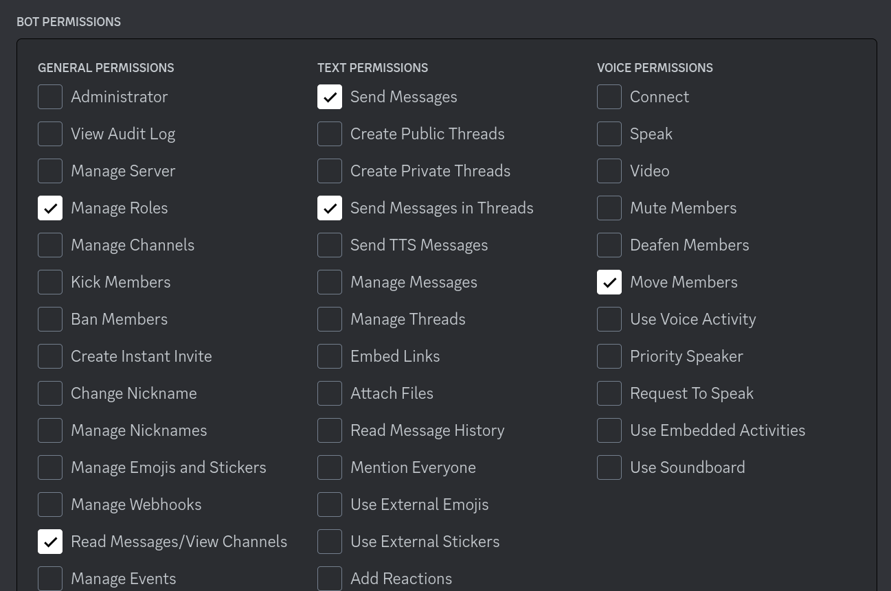 Manage Roles, Read Message/View Channels, Send Messages, Send Messages In Threads, Move Members