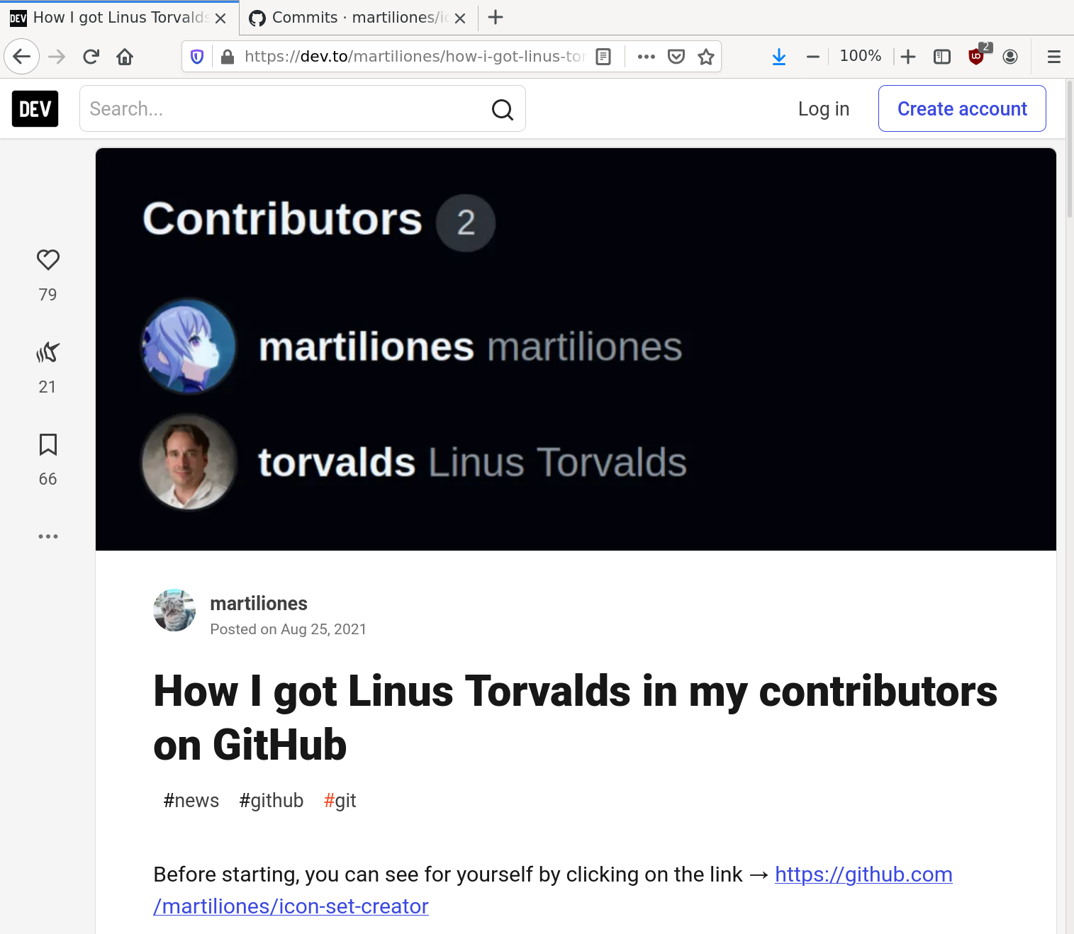 Screenshot of a blog post about impersonating Linus Torvalds