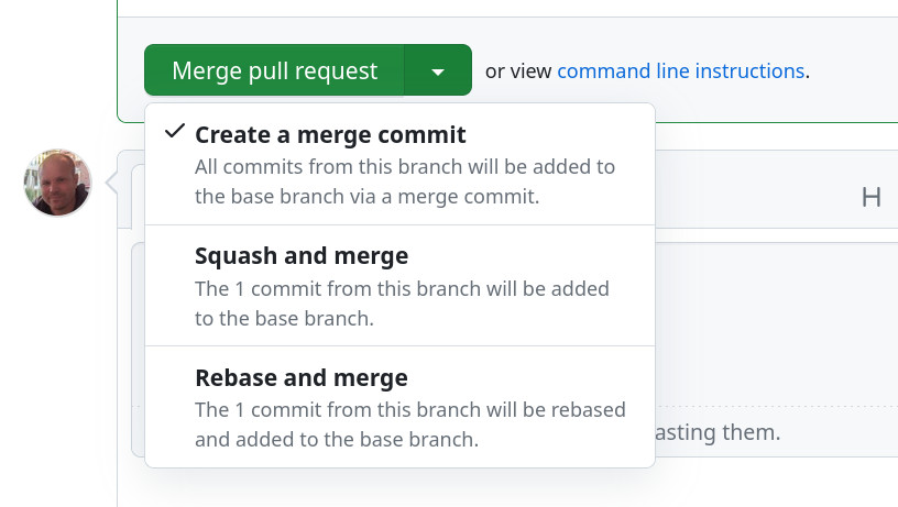 Screenshot of GitHub's Merge pull request options: "Create a merge commit", "Squash and merge", and "Rebase and merge"