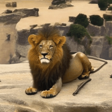 A_lion_sitting_on_top_of_a_cliff_captured_with_a_zoom_out_1767994.gif