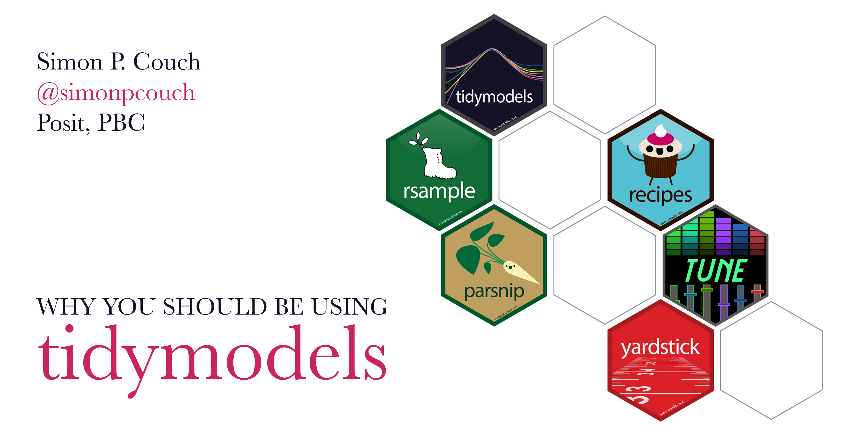 A poster displaying the talk title, "Why you should be using tidymodels," as well as my name and username. Beside the text is a set of six hexagonal logos, showing hex stickers for selected tidymodels packages.