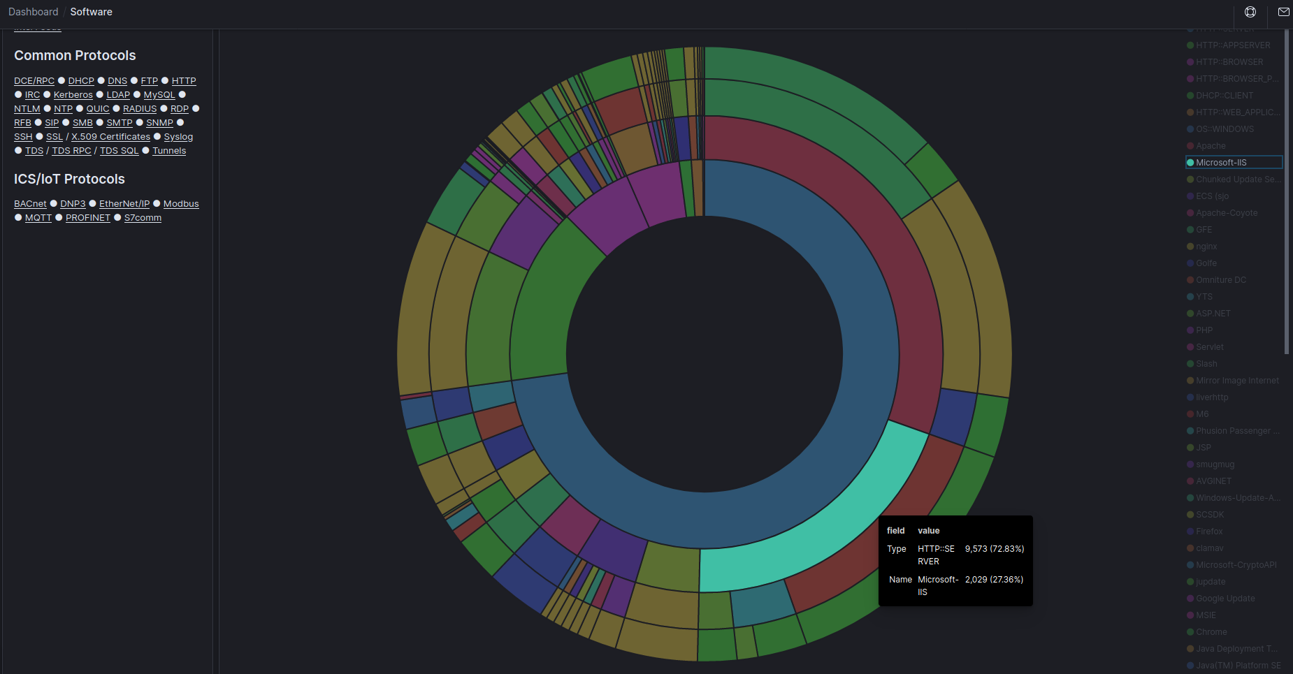 The Software dashboard displays the type, name, and version of software seen communicating on the network