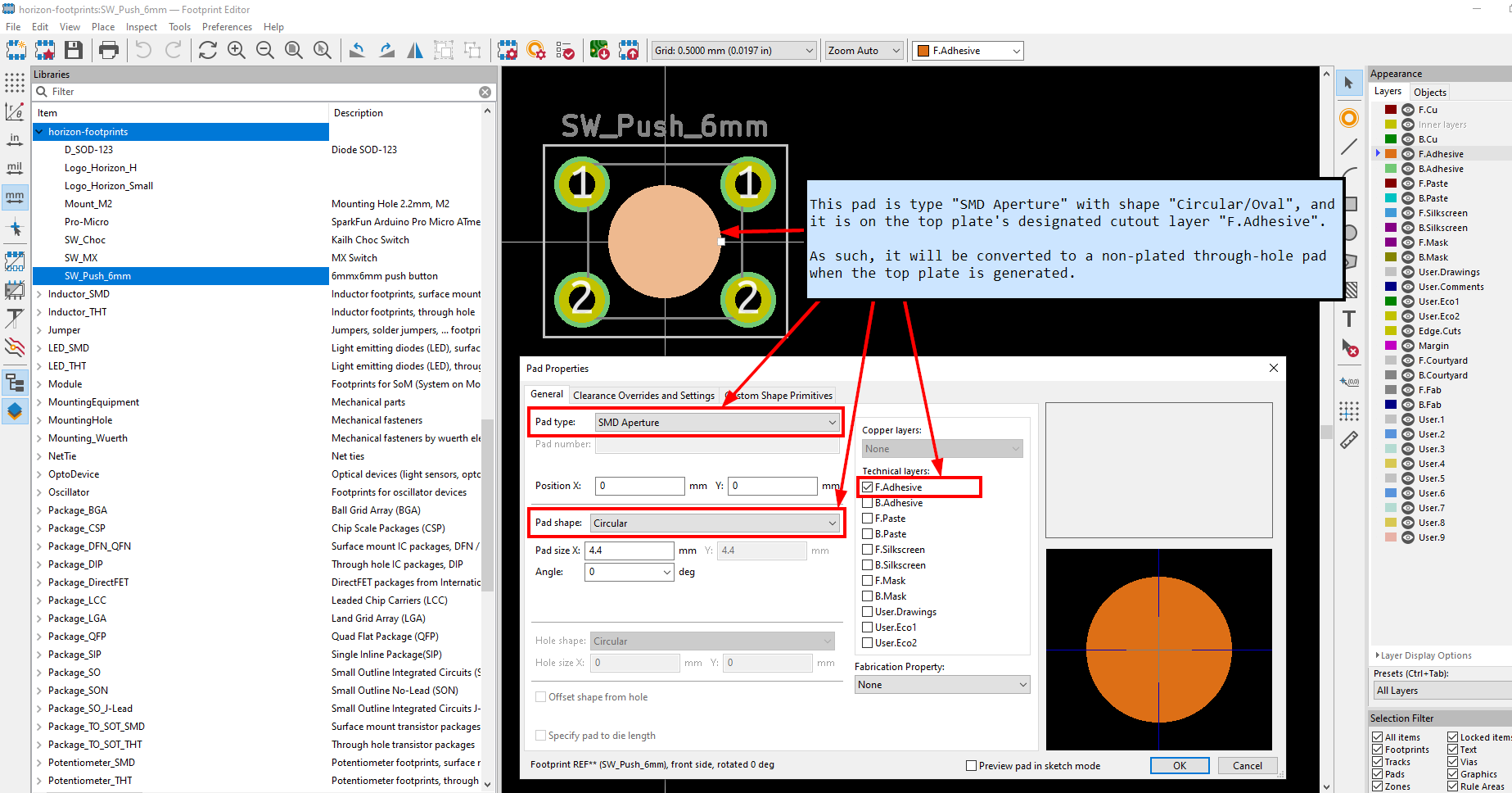 Horizon KiCad footprint plate holes