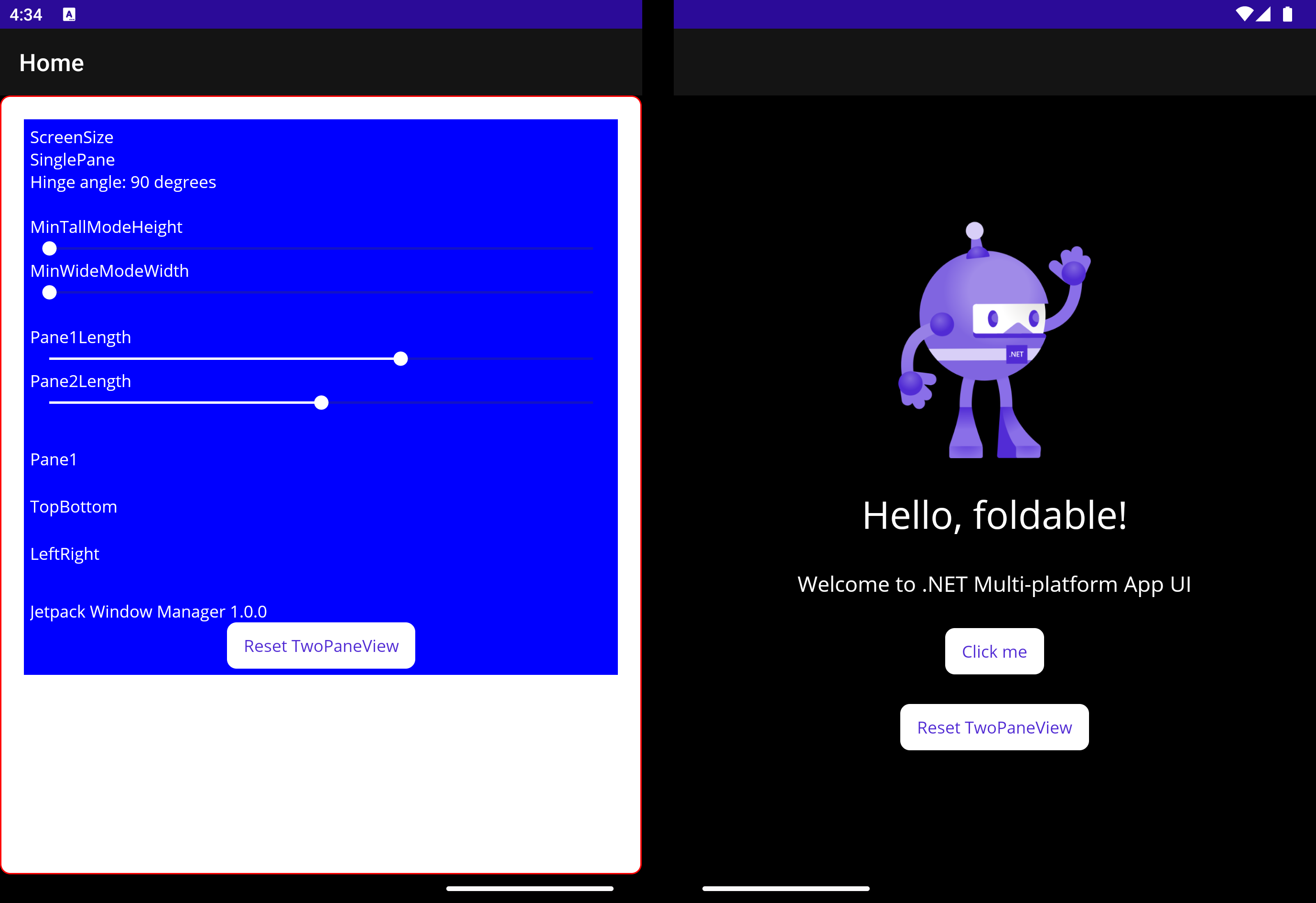 Surface Duo emulator showing the TwoPaneView playground sample app