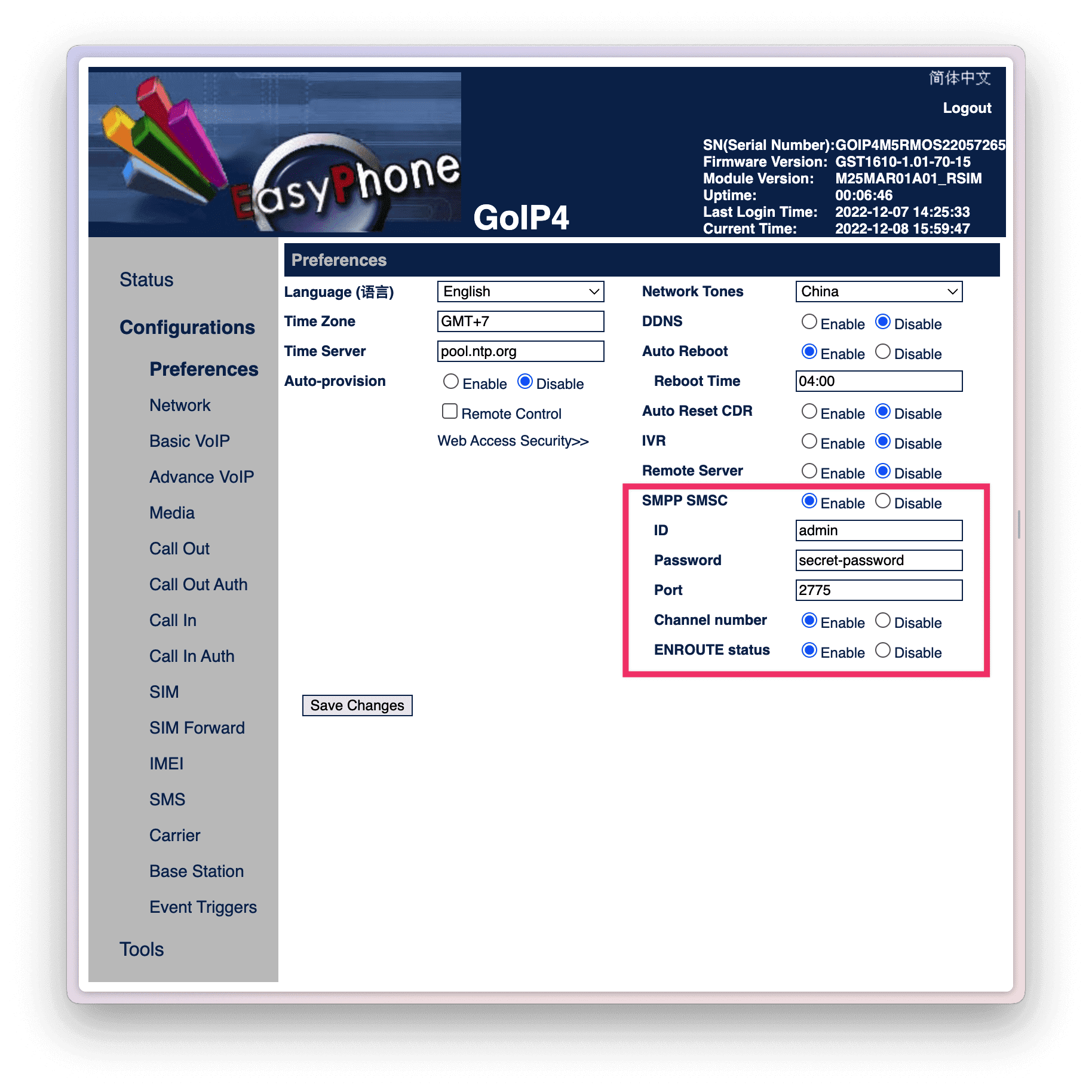 GoIP Configuration Preferences