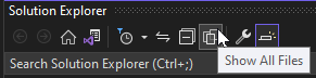 the solution explorer window showing the 'show all files' option