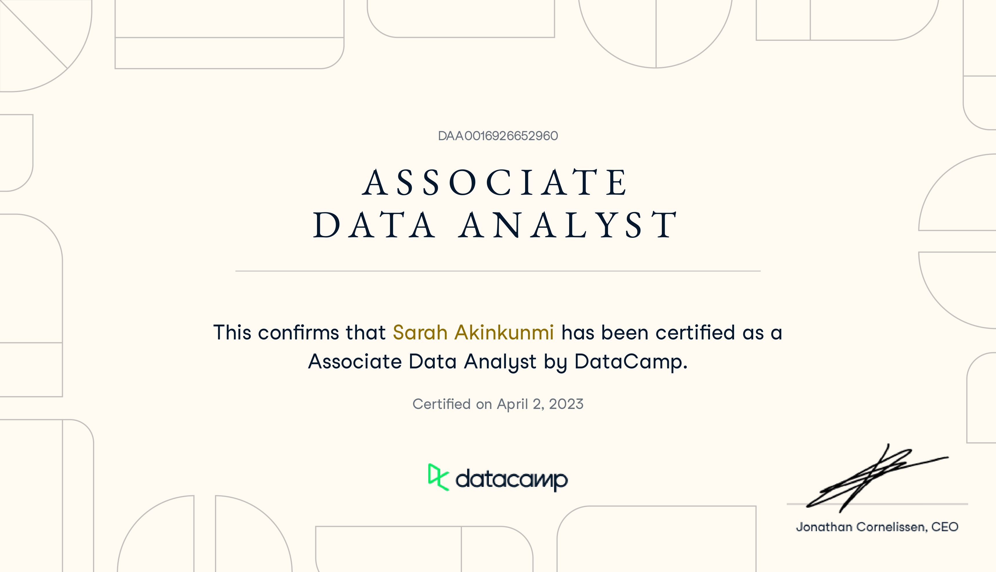 Author's DataCamp Data Analyst Associate Certification