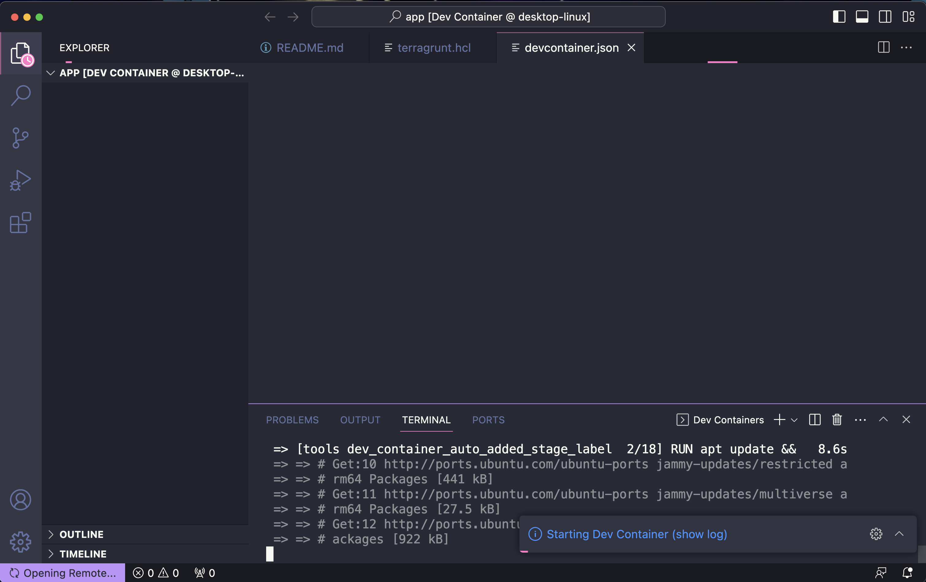 VSCode open repository folder open in devcontainer docker build log