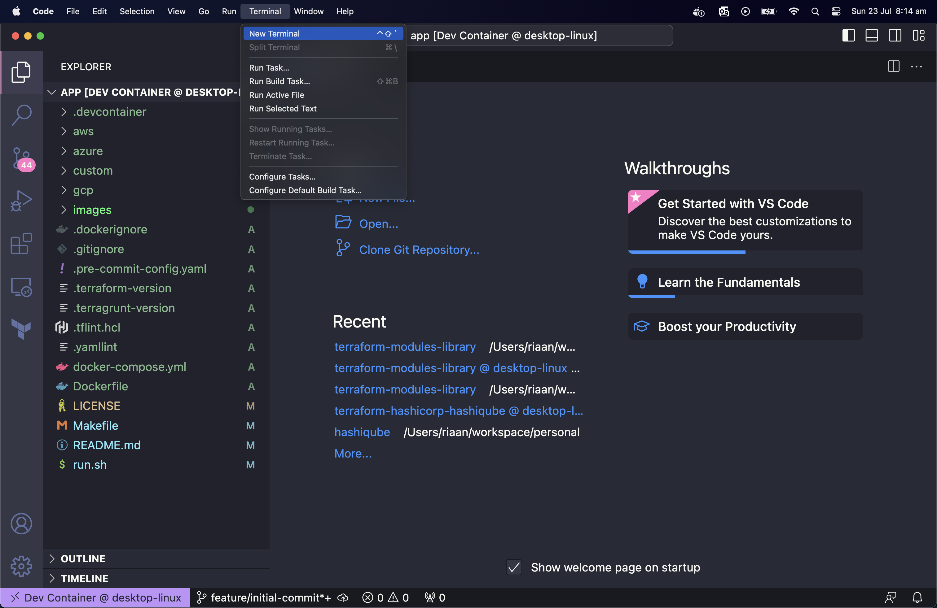 VSCode open repository folder open in devcontainer new Terminal