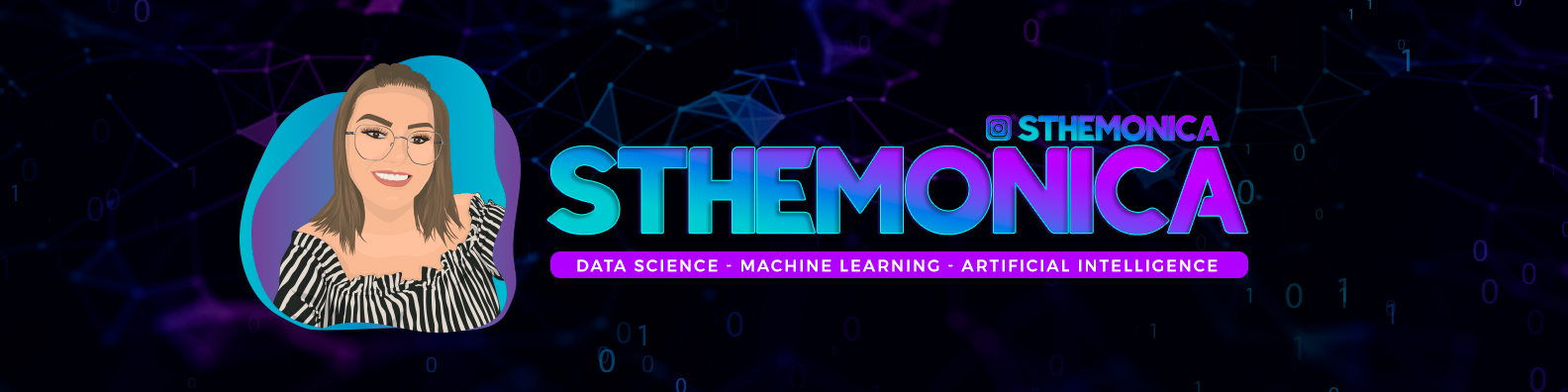 alt-text: Cover image containing a drawing of Sthefanie, with short brown hair and a black and white striped shirt on the left of the image, and in the center of the cover is written "Sthemonica" and just below "data science - machine learning - artificial intelligence". Predominantly dark purple background.