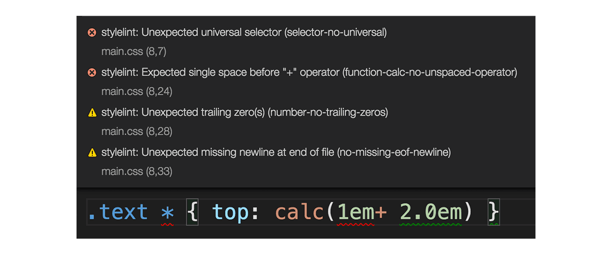 Screenshot of Stylelint errors displayed in VS Code