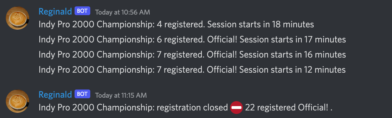 Picture showing sample race announcement messages in a Discord channel