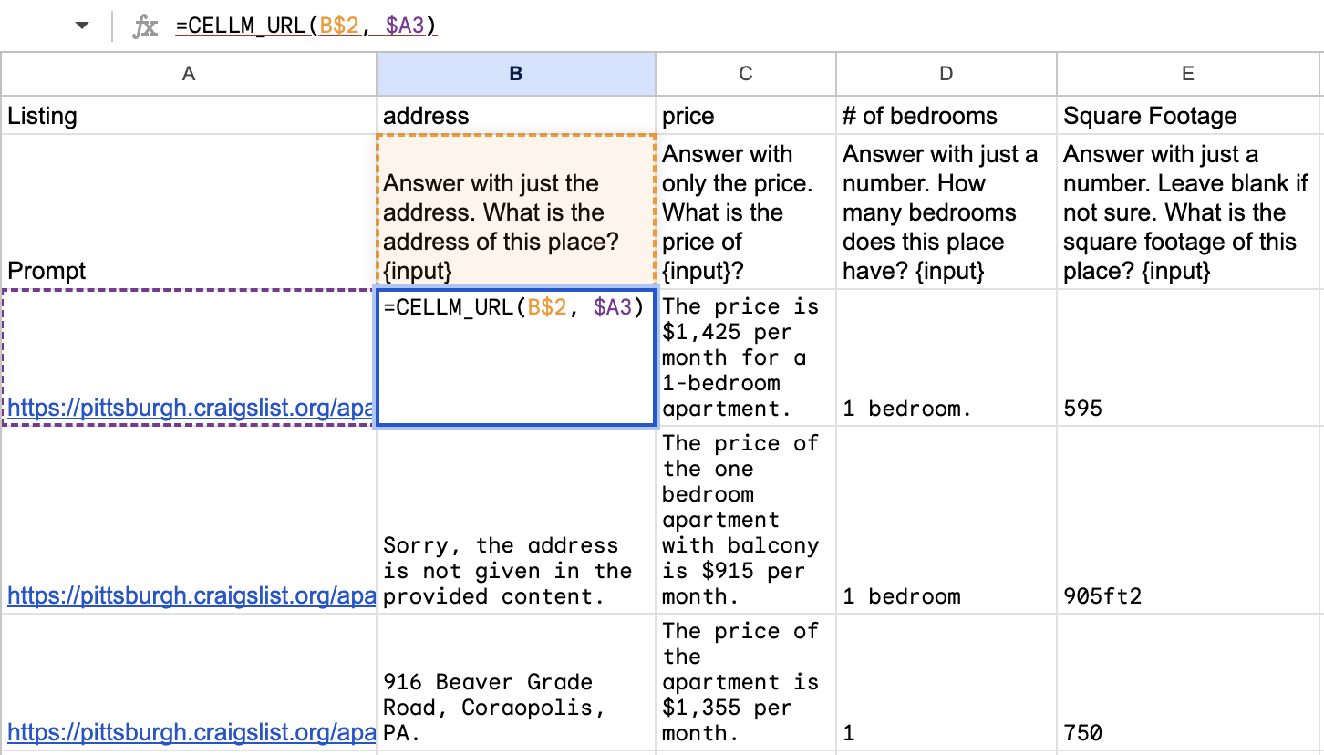 An example of the CELLM_URL function to extract structured information from apartment listings using LLMs.