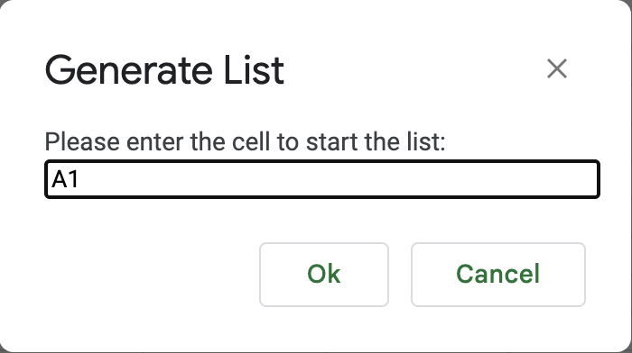 The second input to Generate List is the cell where the list is to begin.