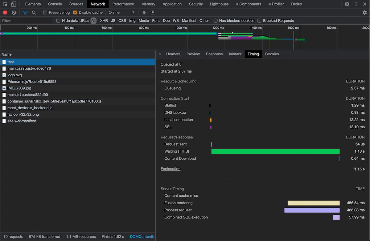 Server-Timing header in the browser network tab