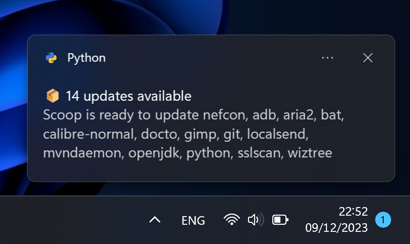 Screenshot showing example notification informing that updates are available