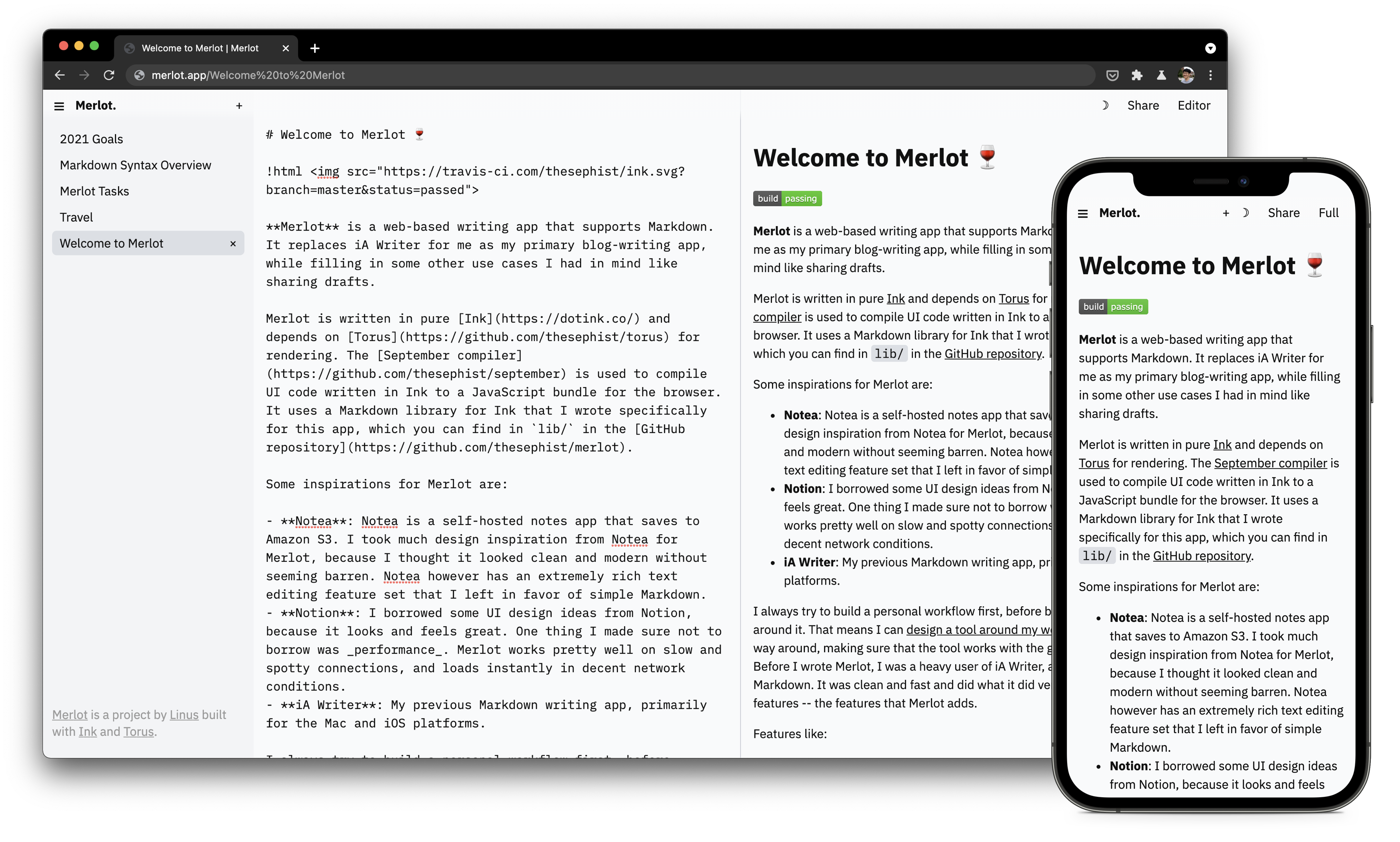 Screenshot of Merlot on desktop and mobile