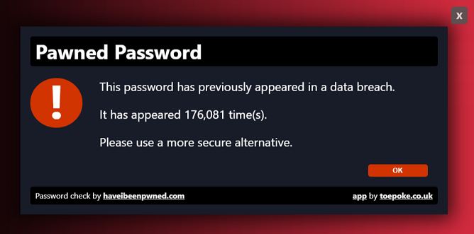 Screenshot of pAppwords telling a user the password they used has been involved in a breach.