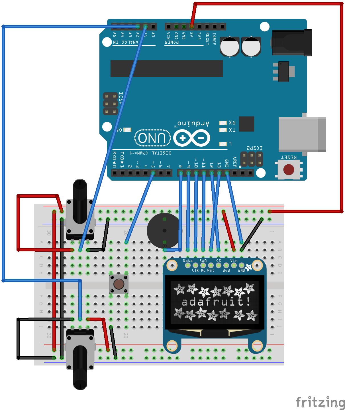 Breadboard wiring diagram for Pong OLED