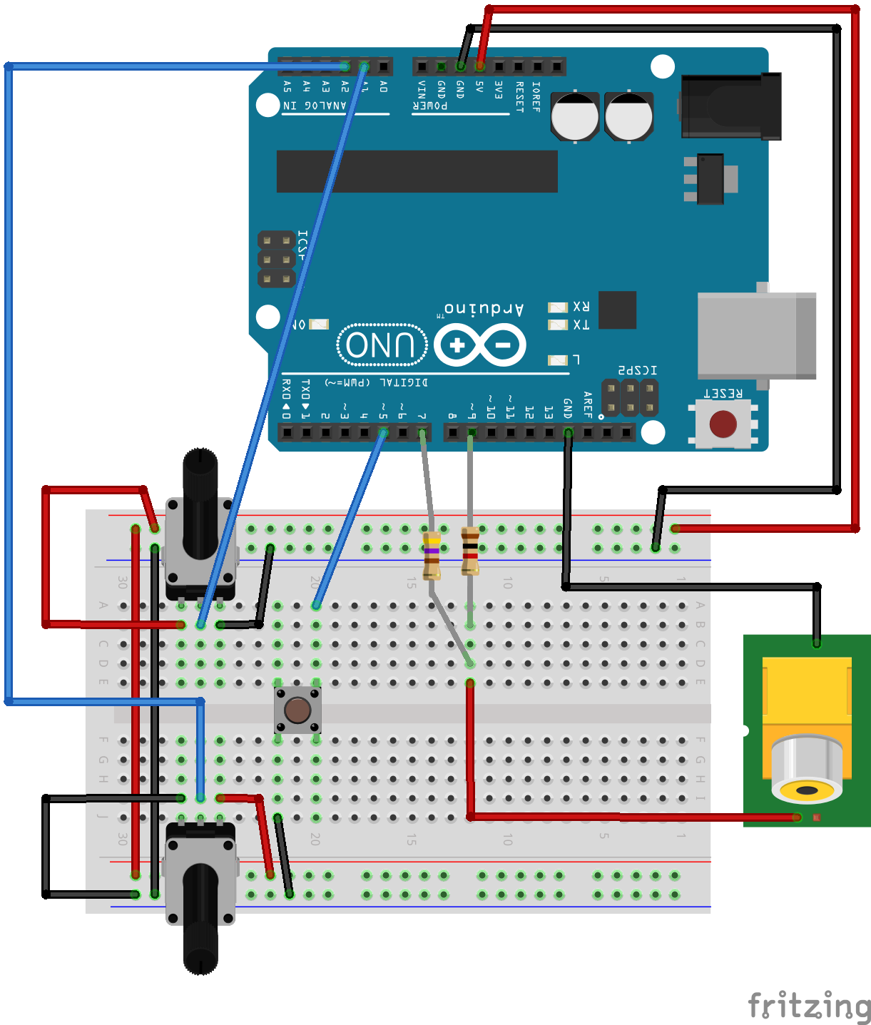 Breadboard wiring diagram for Pong TVout