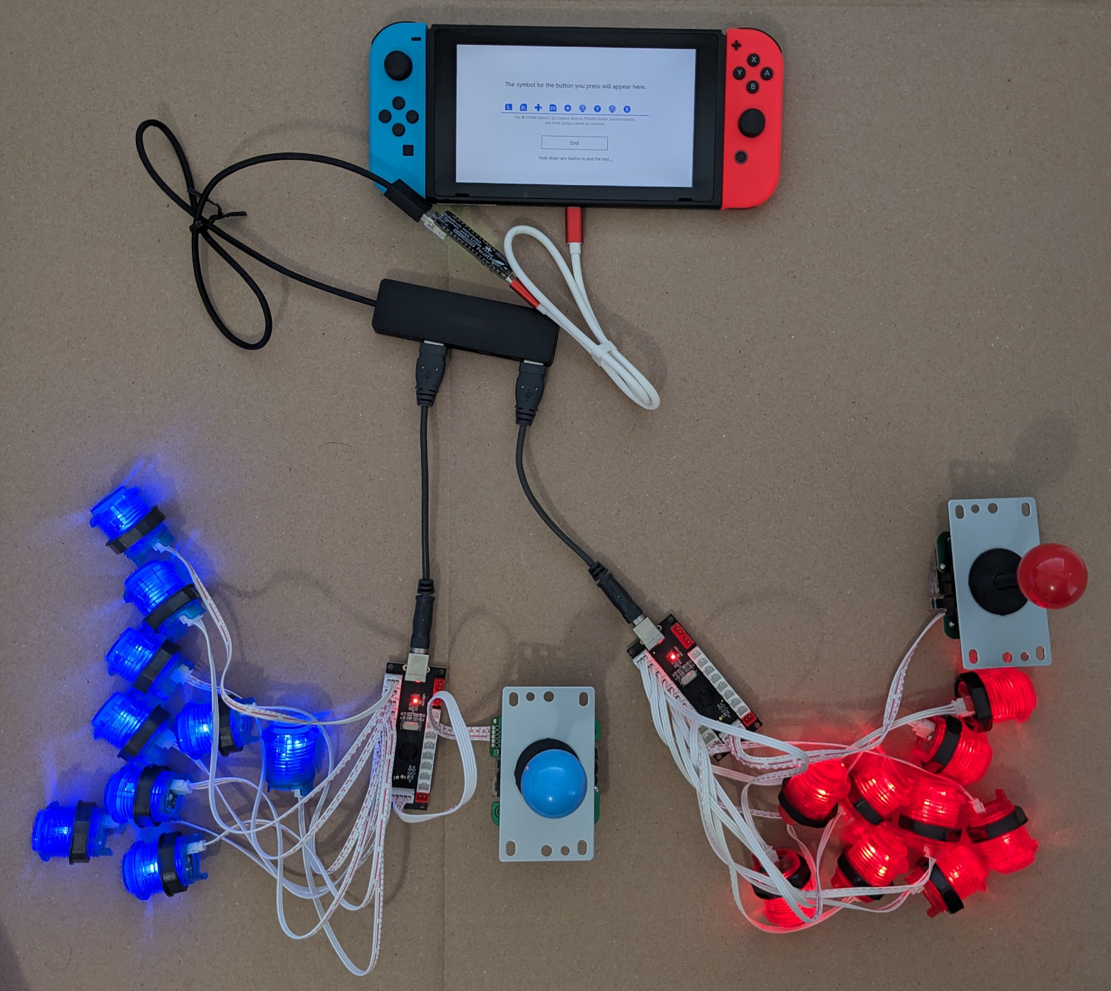 Nintendo Switch connected to 2 joysticks and 18 arcade buttons