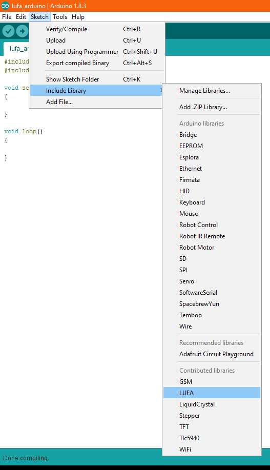 Sketch -> Include Library -> Contributed Libraries -> LUFA