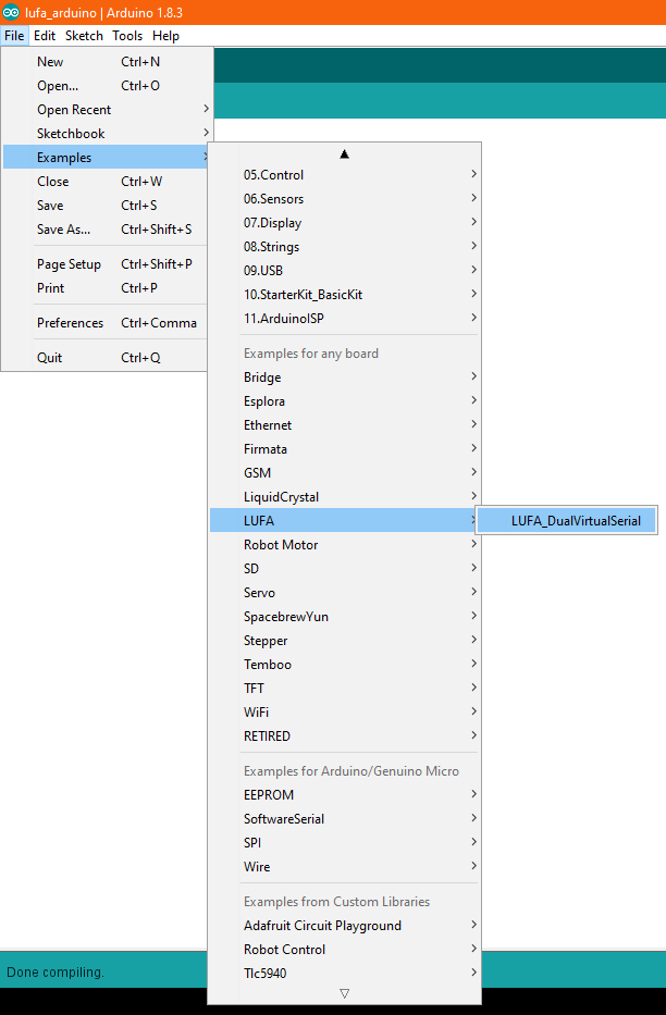 File -> Examples -> Examples for any board -> LUFA -> LUFA_DualVirtualSerial