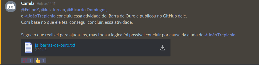 mensagem da Camila no Discord onde compartilha sua refatoração e cita meu repositório