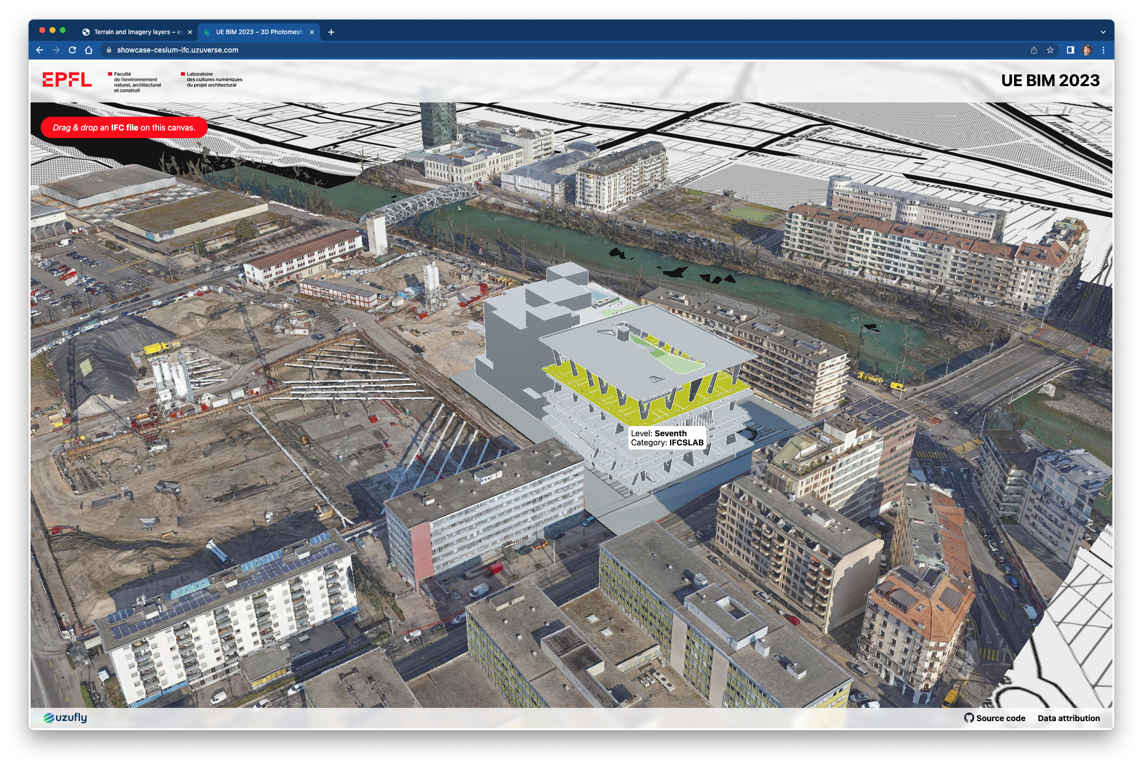 ‹Cesium/IFC Showcase› webapp · with highlighted slab of the imported IFC model